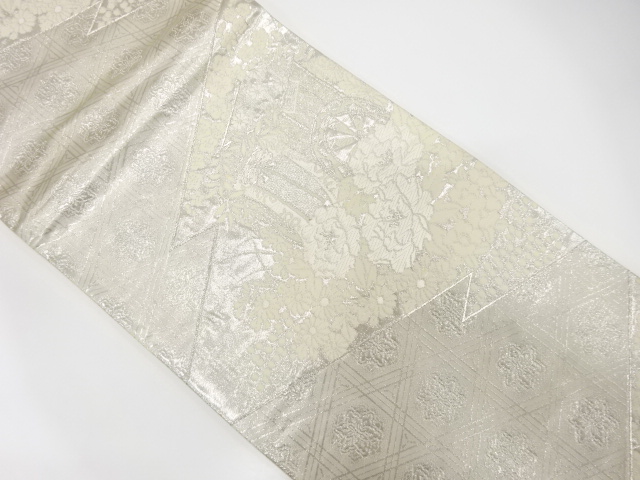 JAPANESE KIMONO / ANTIQUE FUKURO OBI / SILK / WOVEN CARRIAGE WITH KIKU & UME